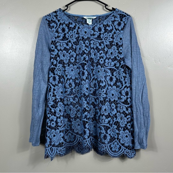 Sundance Ariadna Top Blue Lace Knit Sweater Scallop Hem Long Sleeves Size Medium - Picture 2 of 5